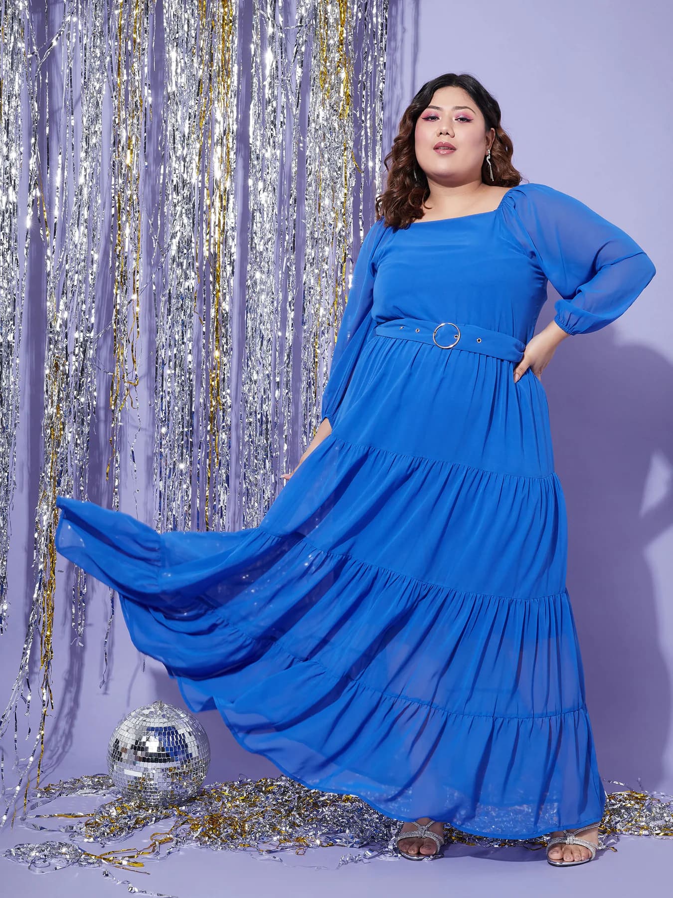 Women's Blue Casual Solid Fit & Flared Tiered Maxi Dress