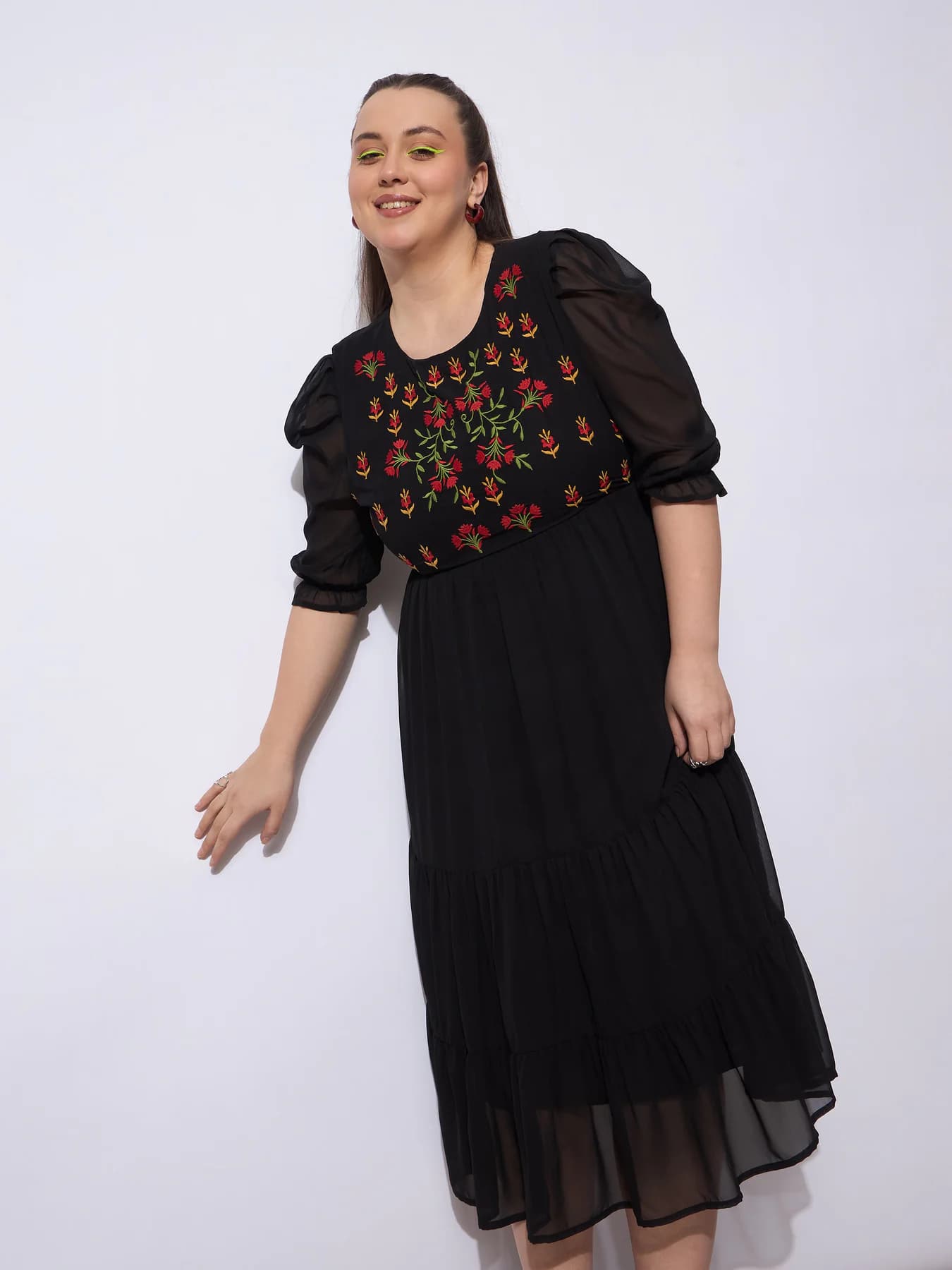 Women's Black Embroidered Georgette Tiered Midi Dress