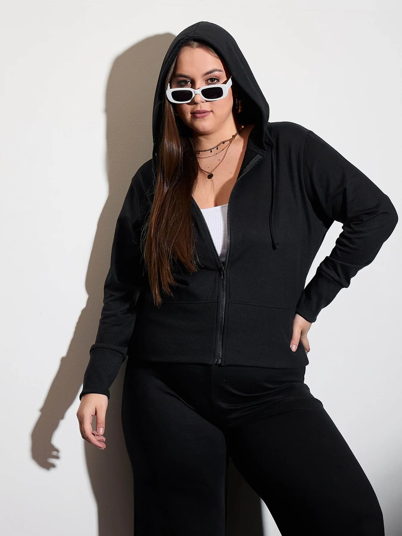 Women's Black Casual Solid Terry Zipper Hoodie Jacket