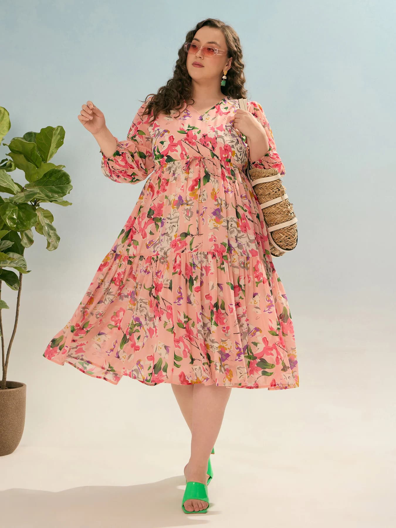 Women's Pink Floral Tiered Fit & Flared Midi Dress
