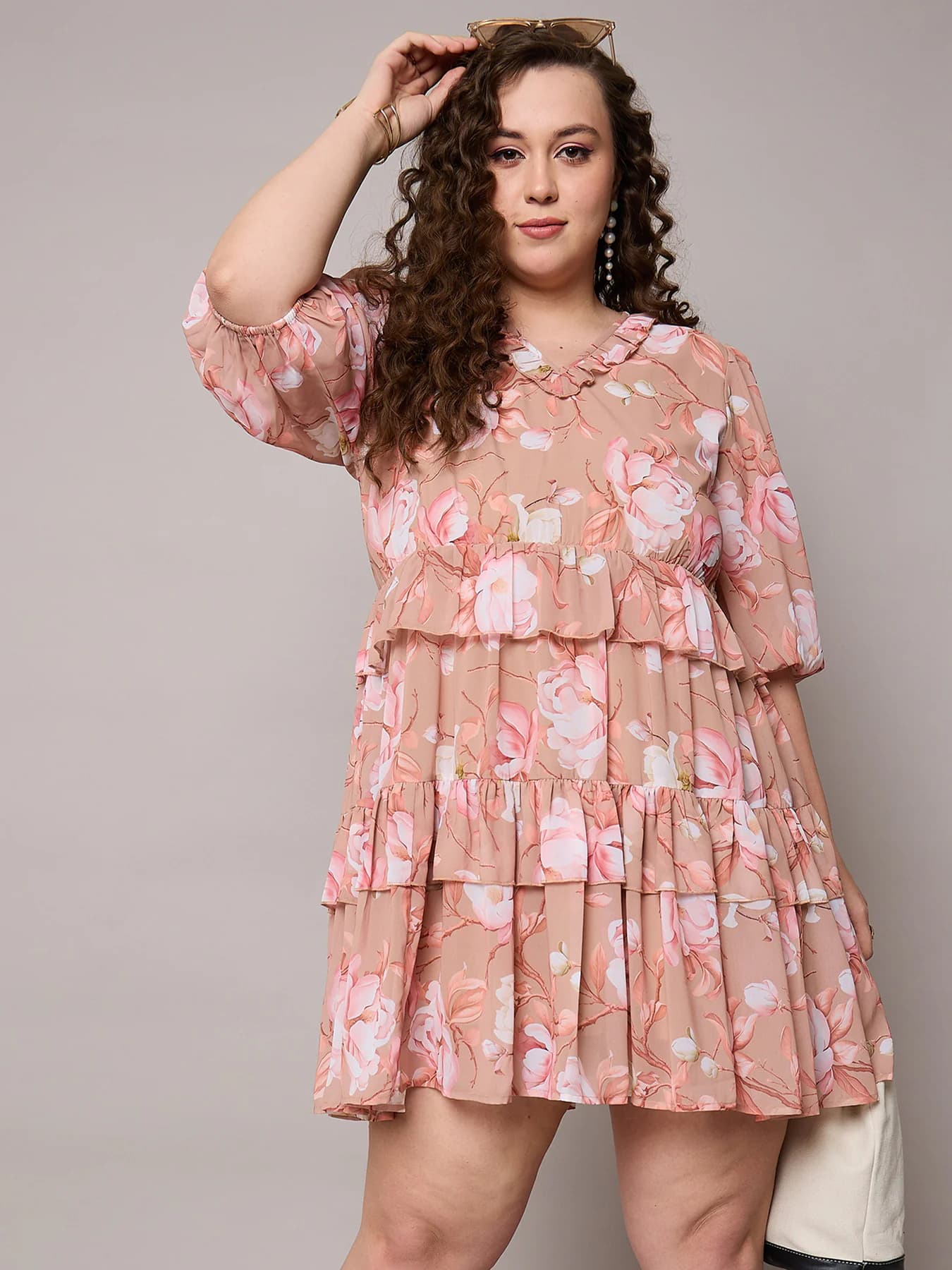 Women's Pink Floral Short Tiered Fit & Flared Dress