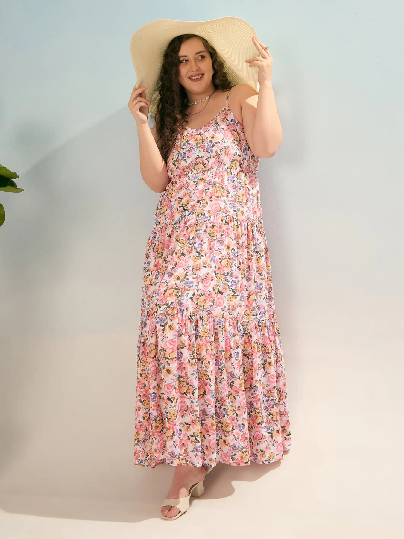 Women's Pink Multi Floral Strappy Tiered Maxi Dress
