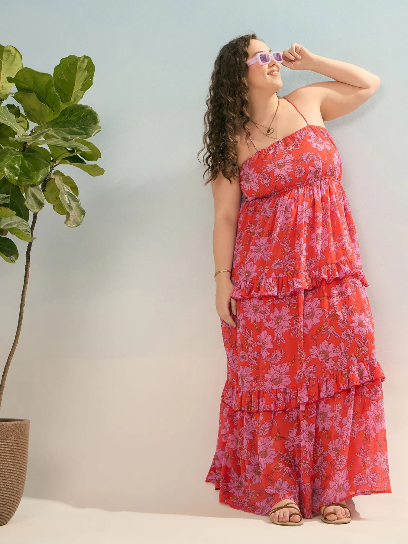 Women's Red Casual Floral Fit & Flared Strappy Maxi Dress