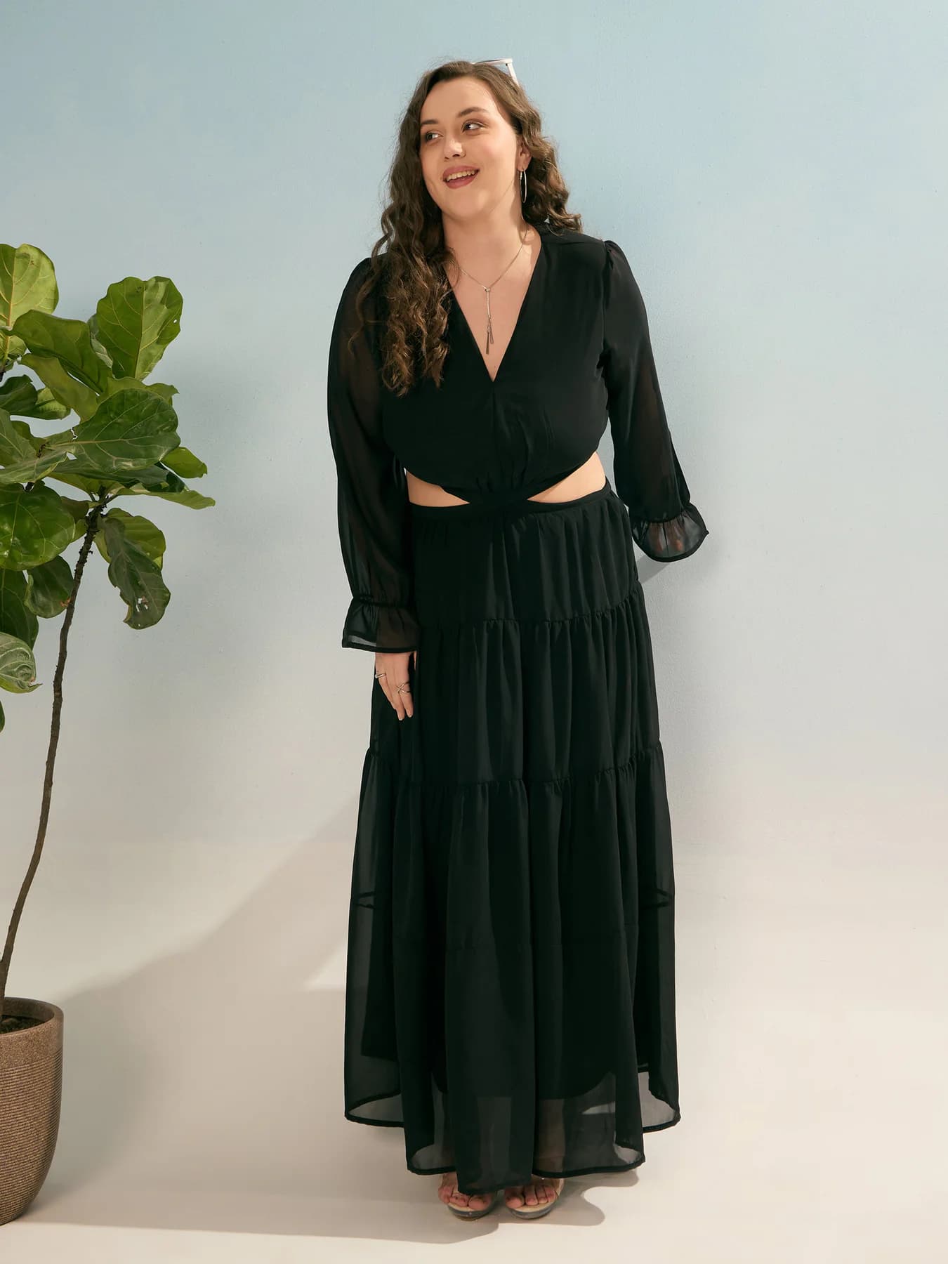 Women's Black Casual Solid Waist Cut Out Maxi Dress