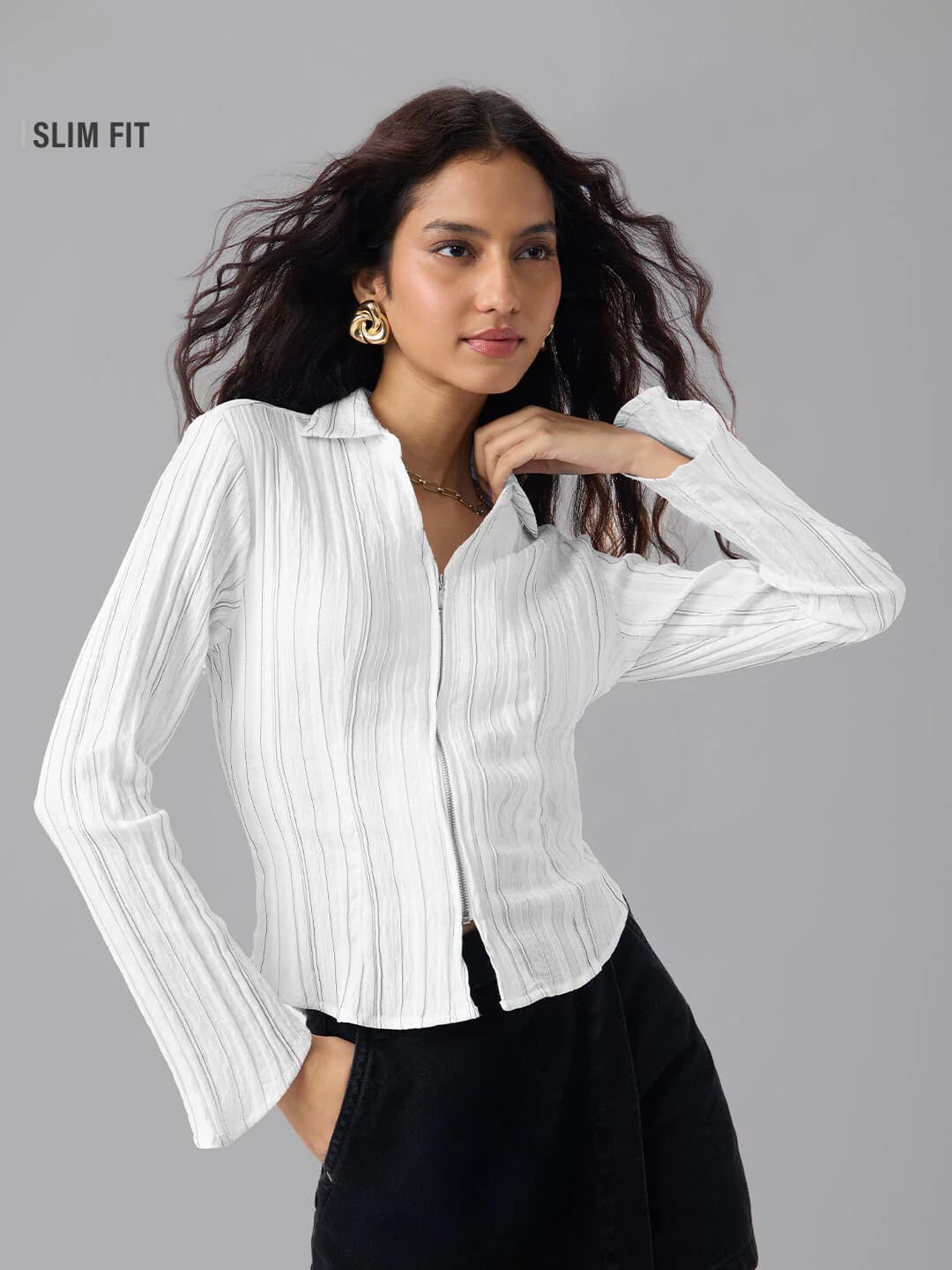 Women's White Casual Slim Fit Full Sleeves Spread Collar Shirt