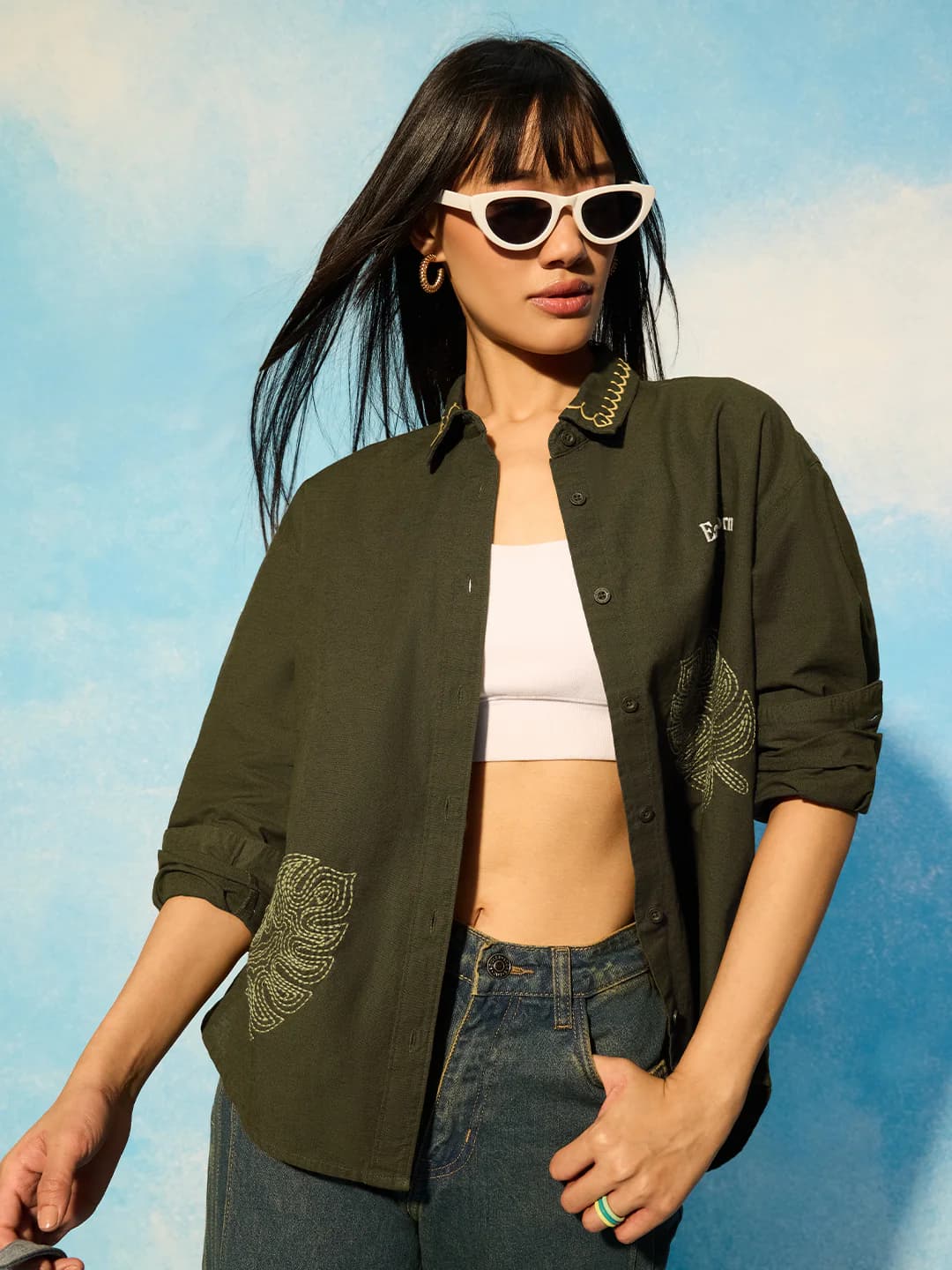 Women's Green Casual Oversized Fit Full Sleeves Spread Collar Shirt