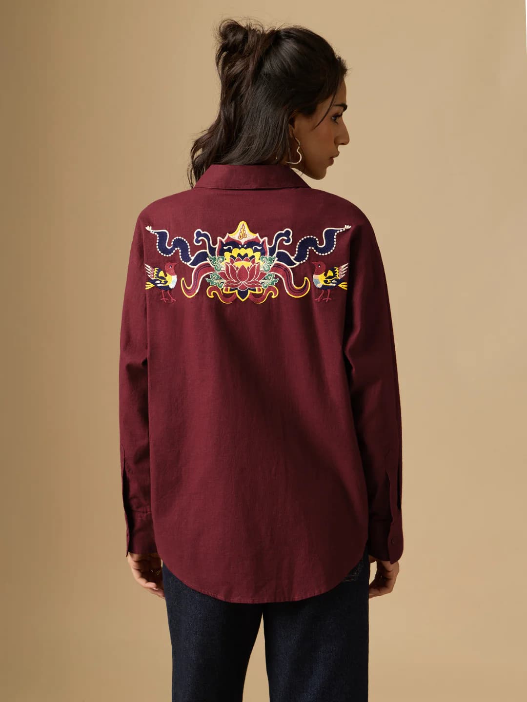Women's Red Casual Oversized Fit Full Sleeves Spread Collar Shirt