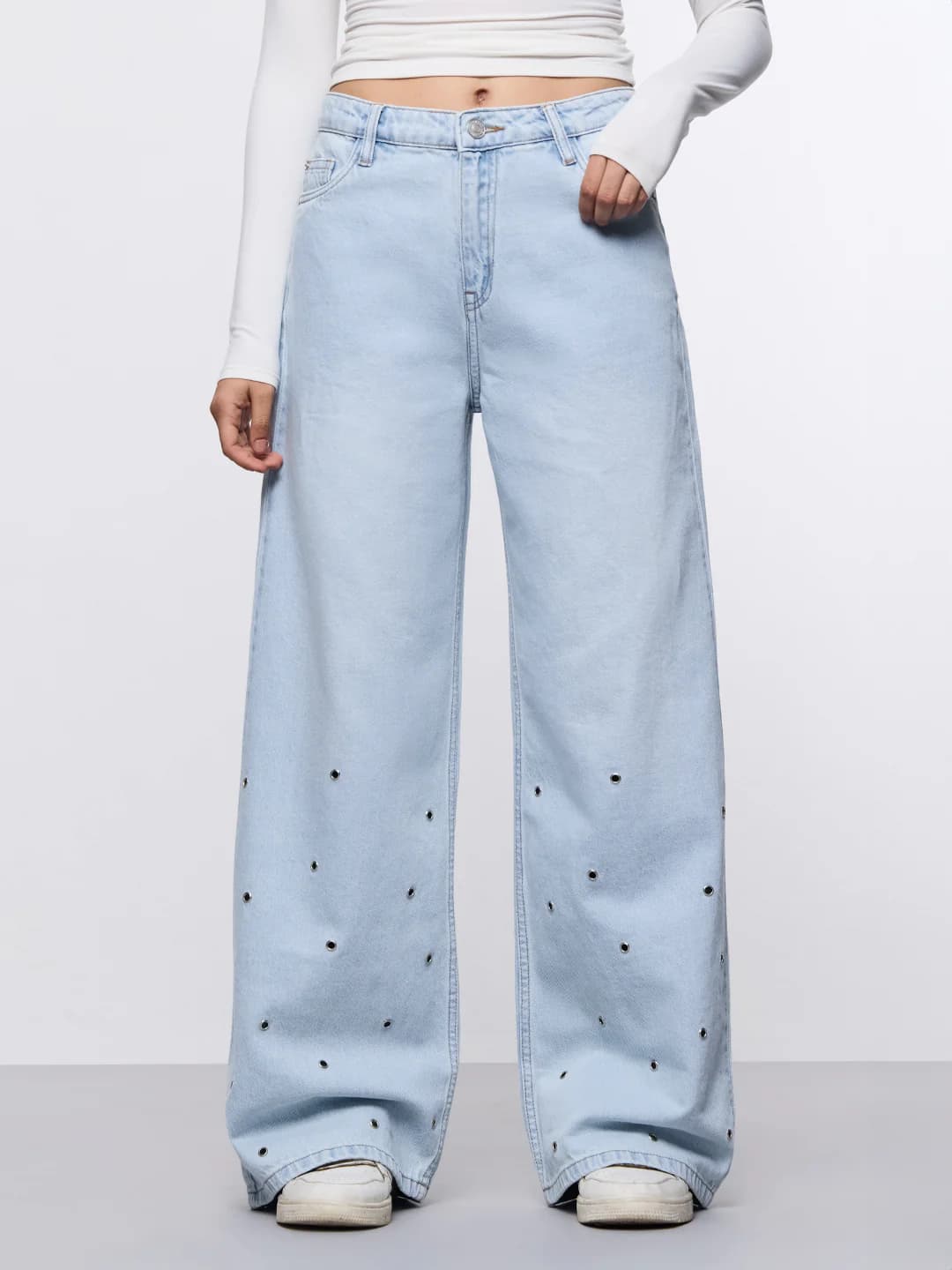 Women's Blue Casual Wide Leg Mid Rise Jeans