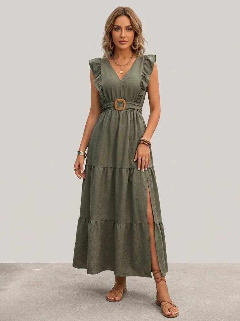 Women's Green Casual Sleeveless Solid Fit and Flare Dress