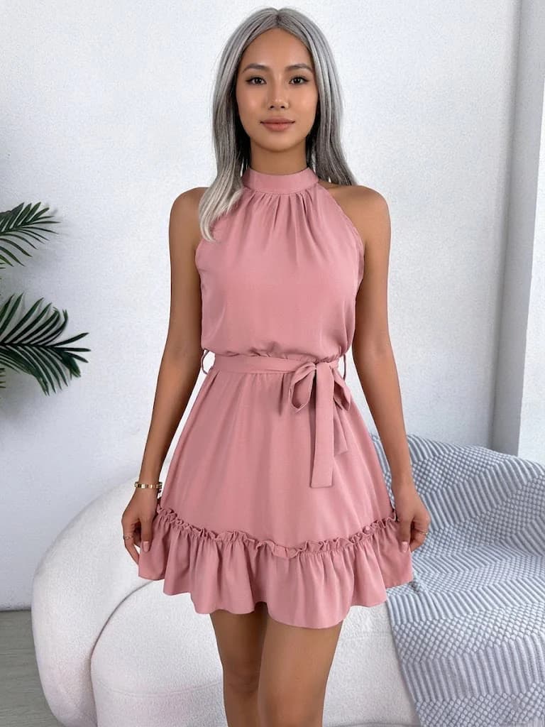Women's Pink Casual Sleeveless Solid A-Line Dress