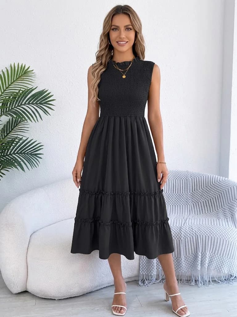 Women's Black Casual Sleeveless Solid A-Line Dress