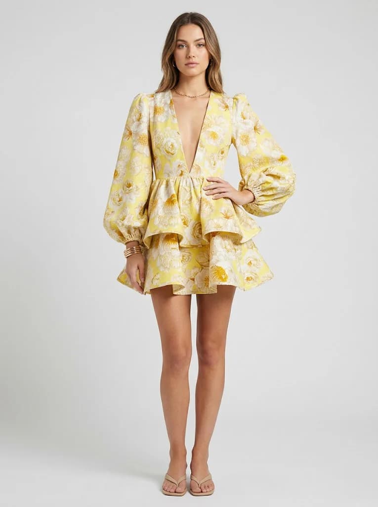 Women's Yellow Casual Full Sleeves Floral Fit and Flare Dress