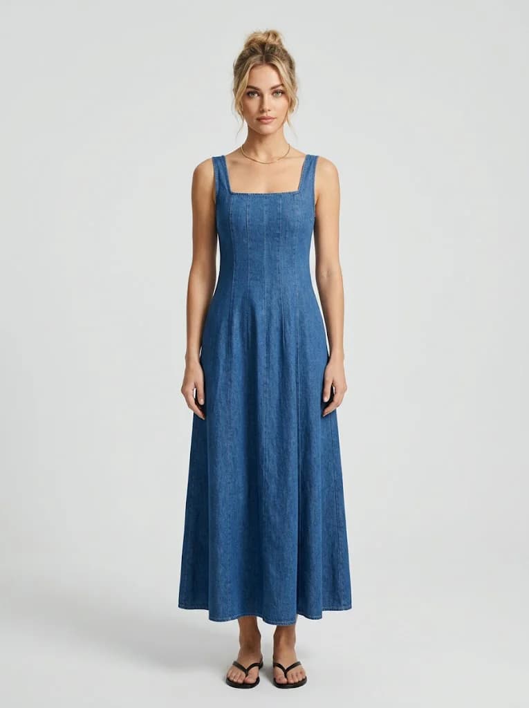 Women's Blue Casual Sleeveless Solid Fit and Flare Dress