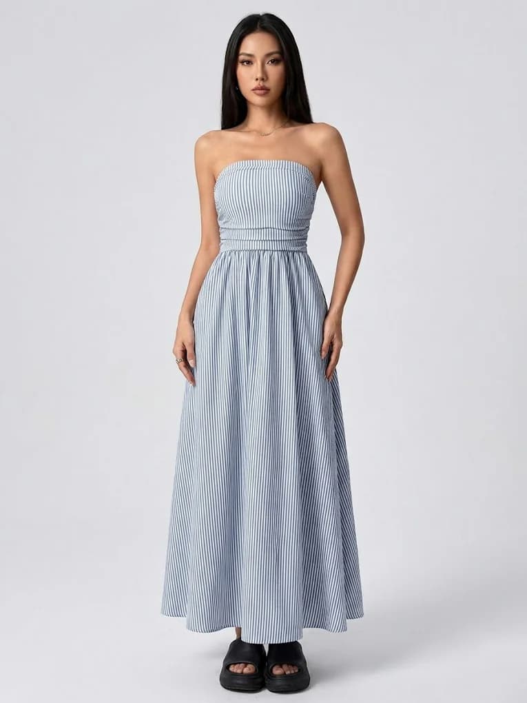 Women's Blue Casual Sleeveless Striped Fit and Flare Dress