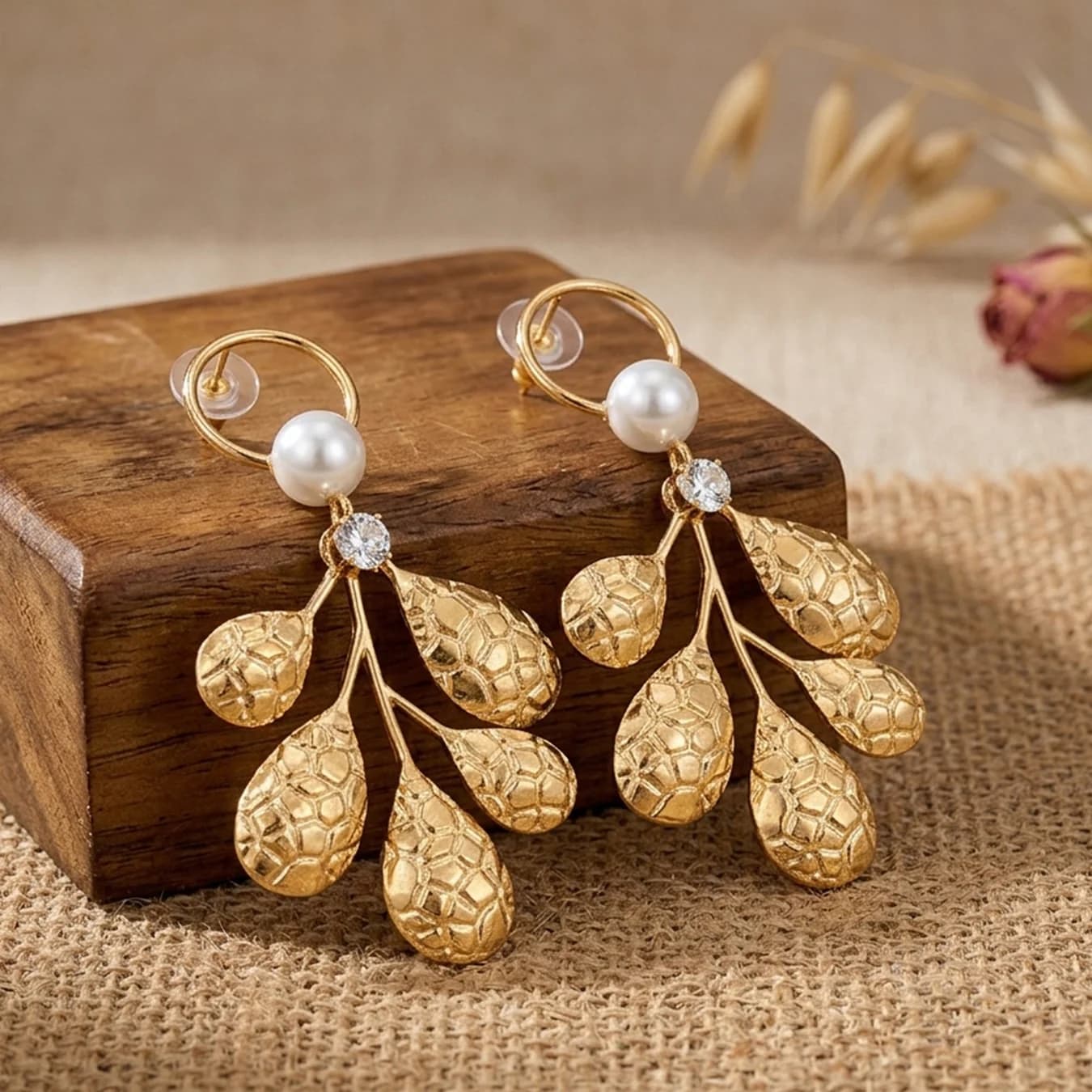 Women's Gold Textured Leaf Branch Pearl Dangler Earrings