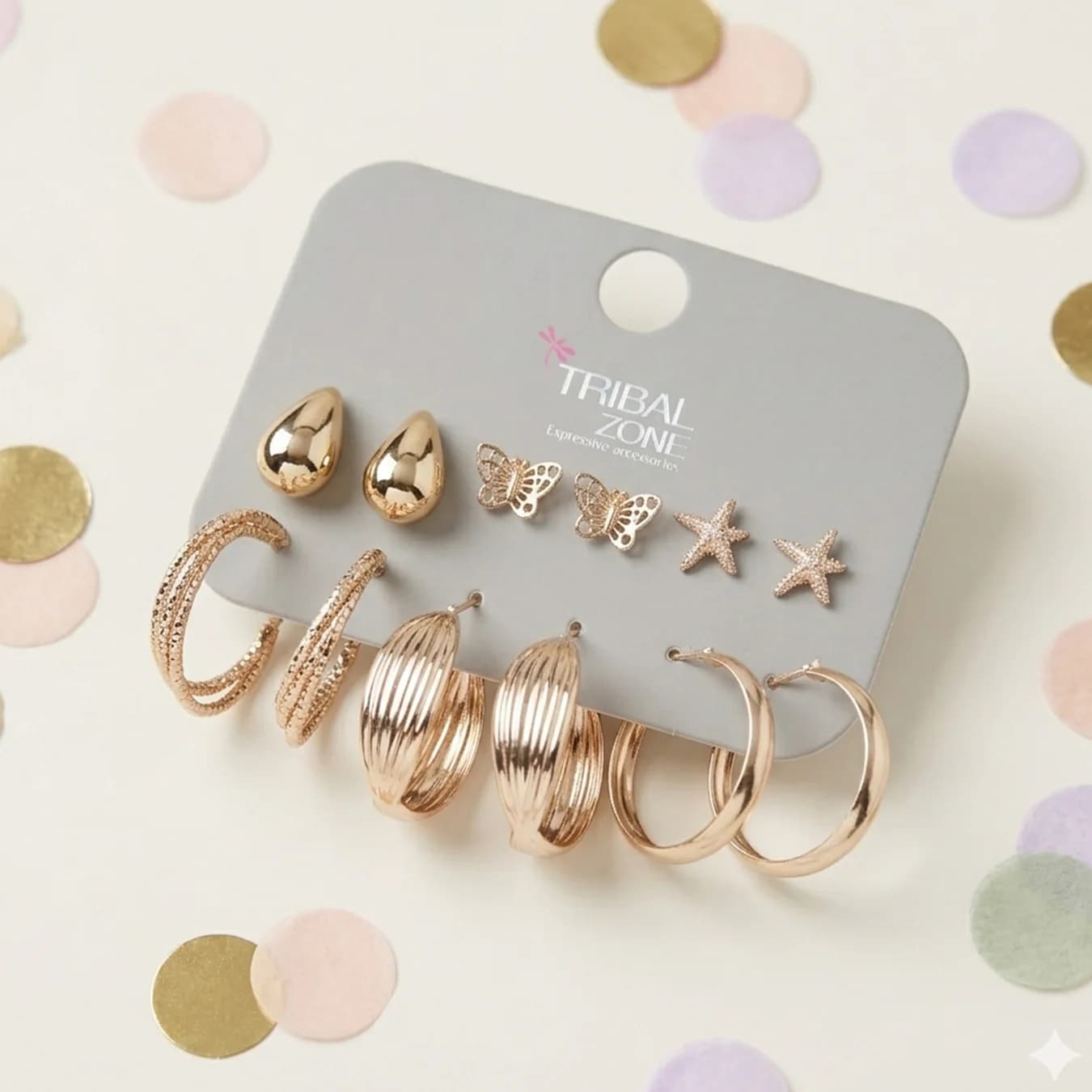 Women's Gold 6-in-1 Heart and Hoop Combo Earring Set