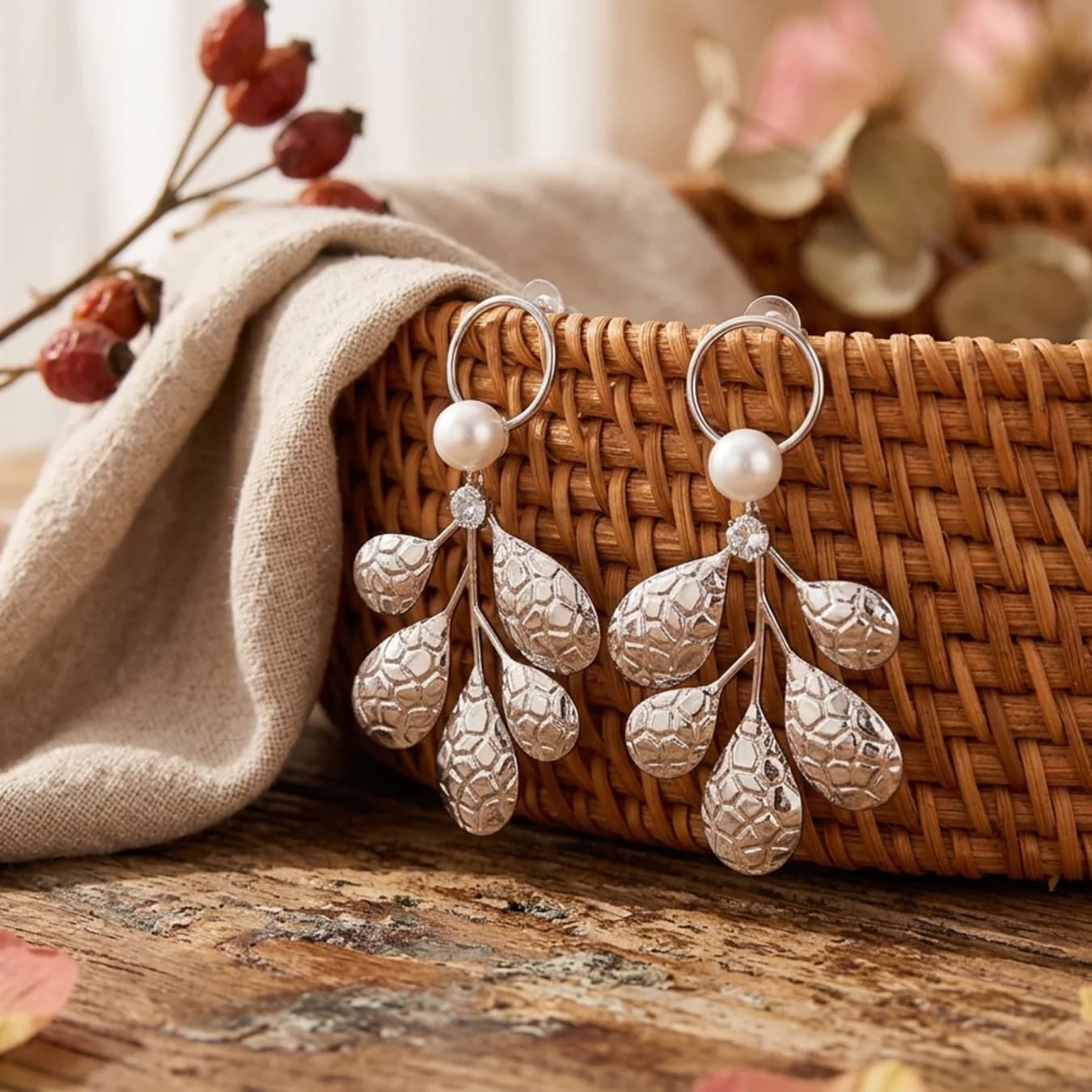 Women's Silver Textured Leaf Branch Pearl Dangler Earrings