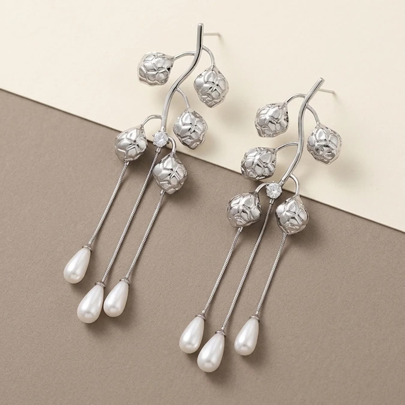 Women's Silver Floral Bud Branch Pearl Drop Dangler Earrings