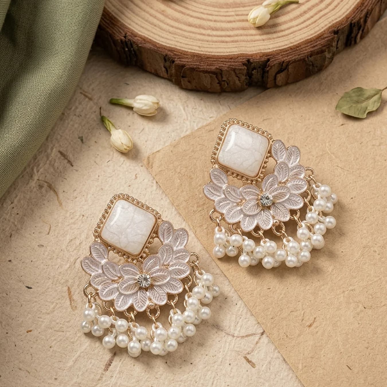 Women's White Floral Stone Pearl Fringe Earrings