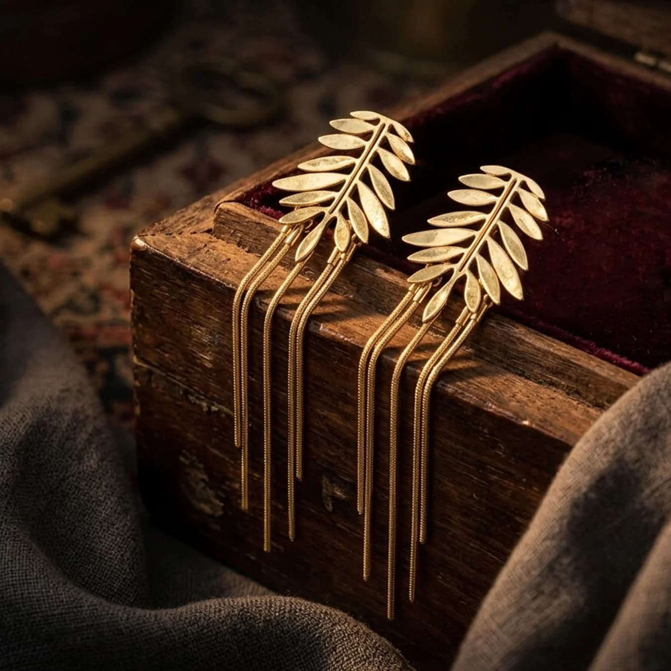 Women's Gold Olive Leaf Tassel Dangler Earrings