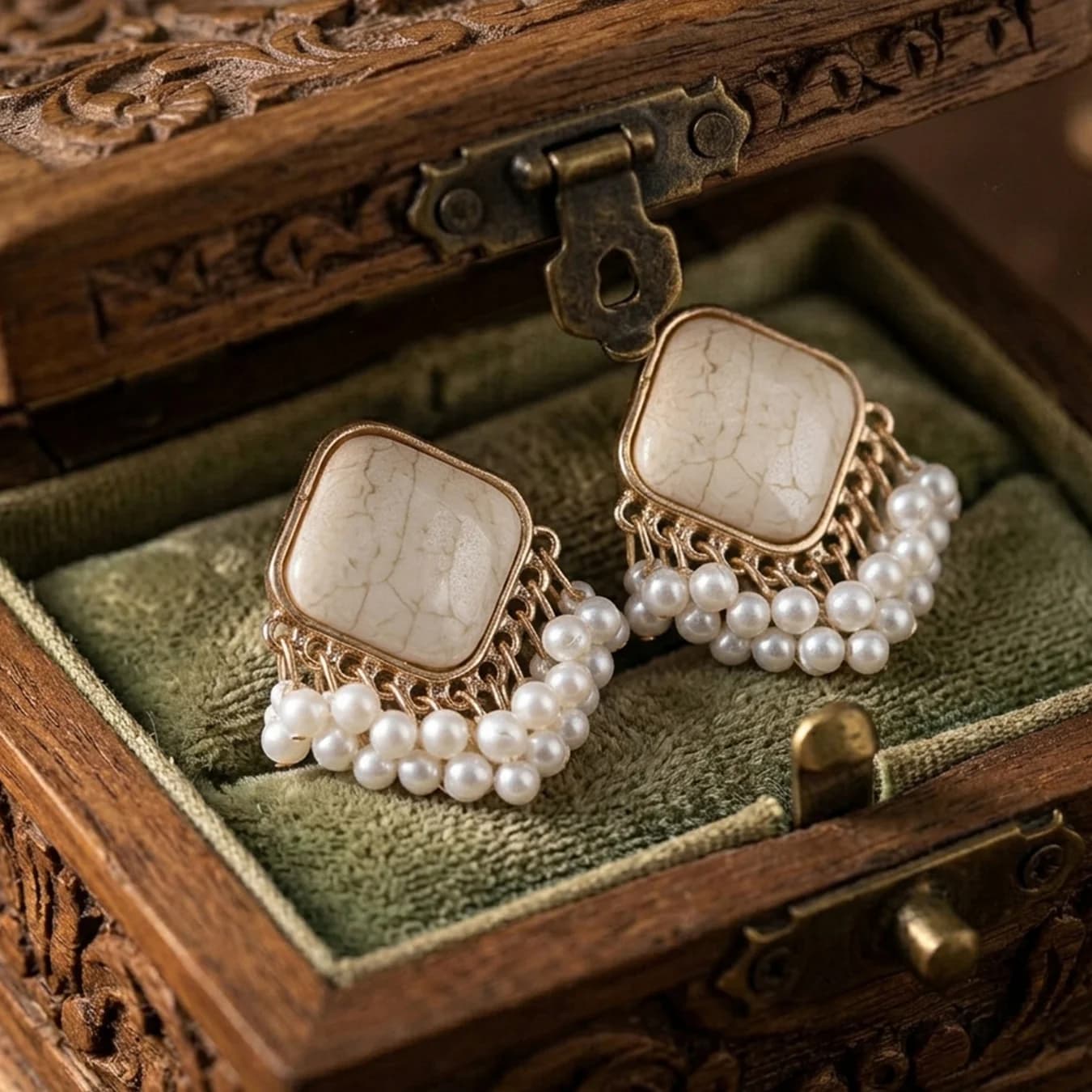 Women's White Square Stone Pearl Fringe Drop Earrings