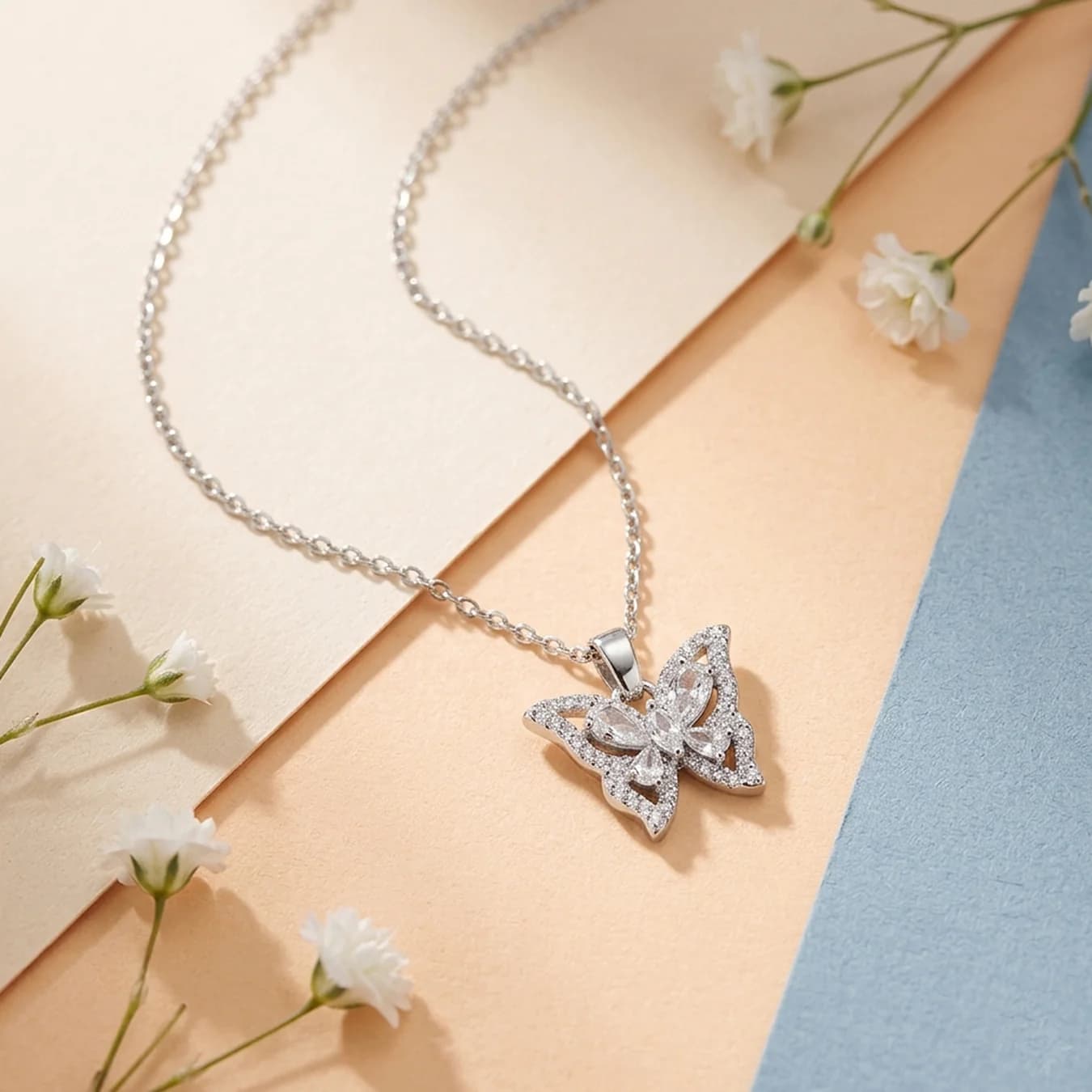 Women's Silver Crystal Butterfly Pendant Necklace