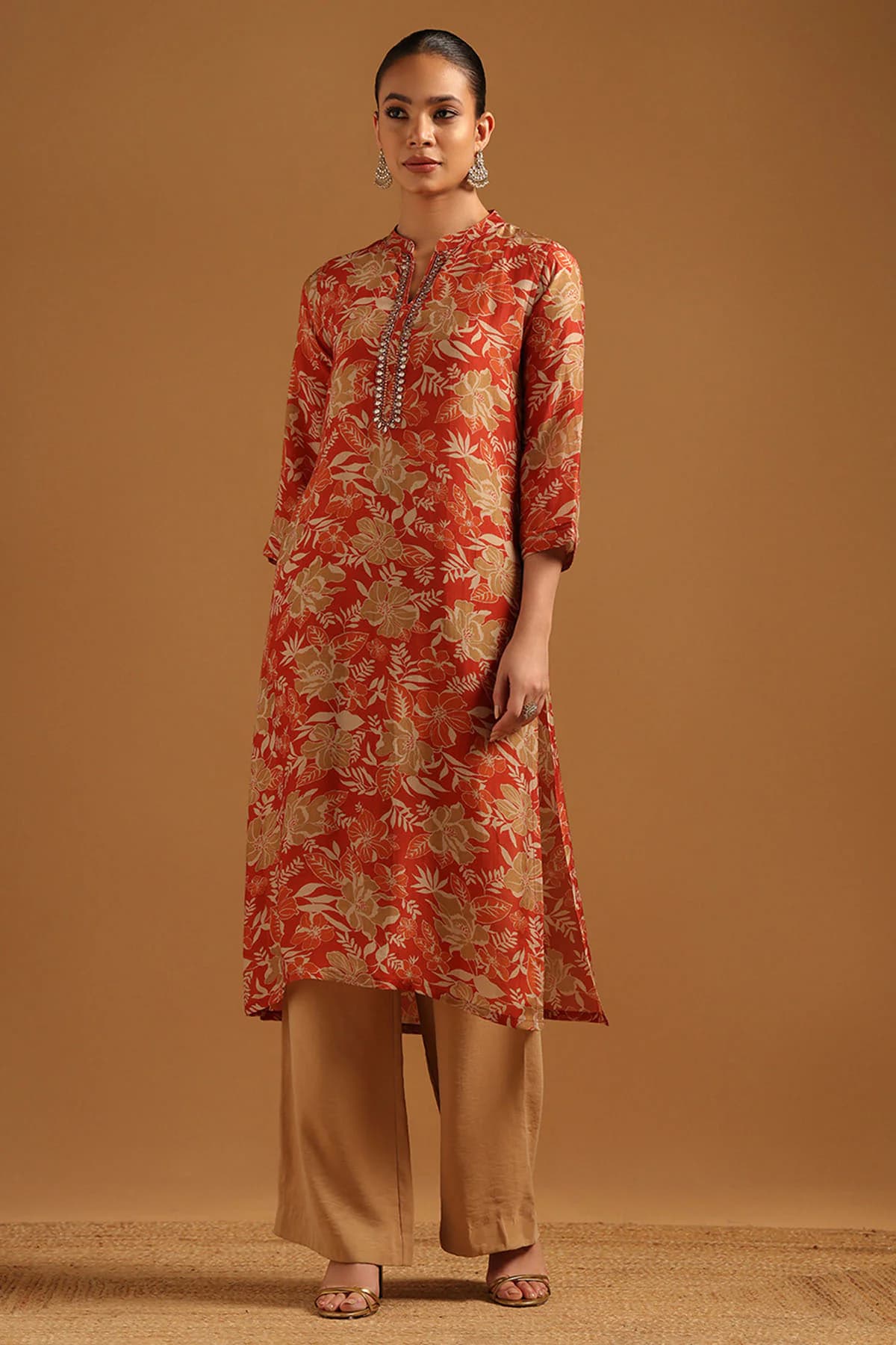 Women's Orange Festive Regular Fit Ethnic Printed Kurta