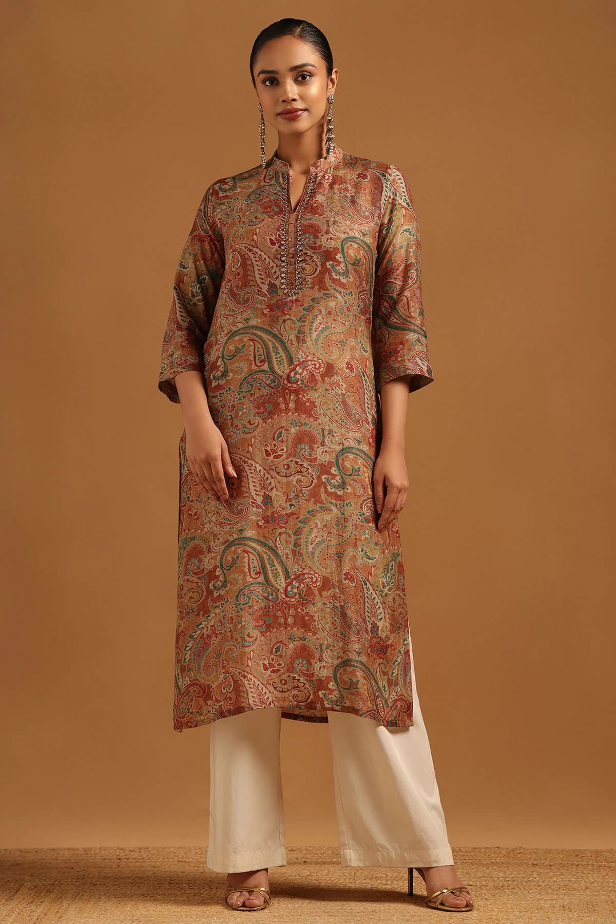 Women's Beige Festive Regular Fit Ethnic Printed Kurta