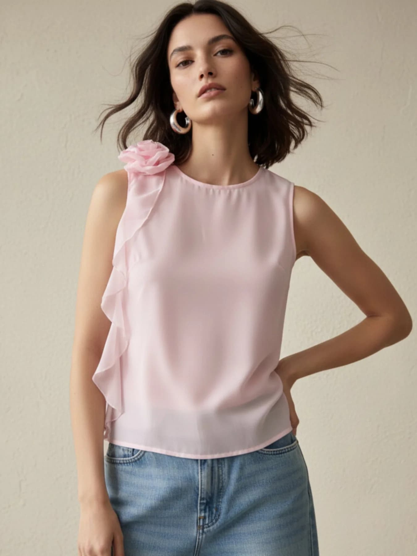 Women's Pink Elegant Sleeveless Top with Ruffle and Corsage Detail