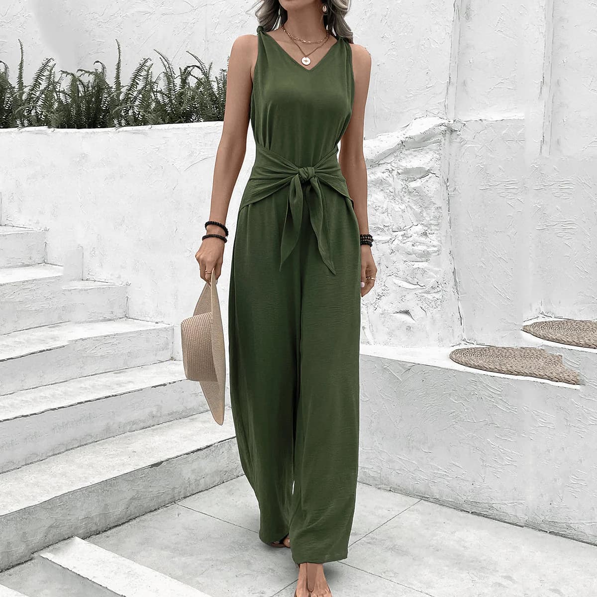 Women's Green Sleeveless Jumpsuit with Front Tie Up