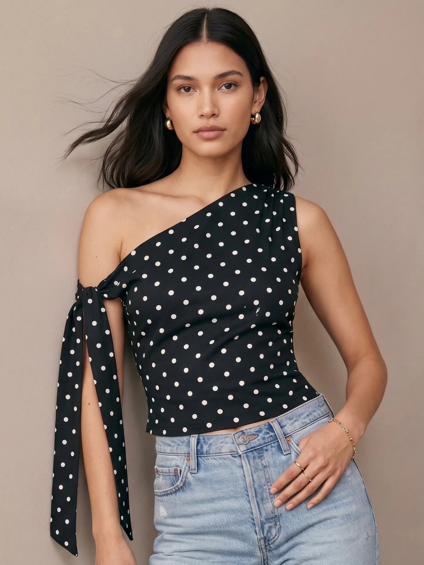 Women's Black One Shoulder Tie-Up Polka Top