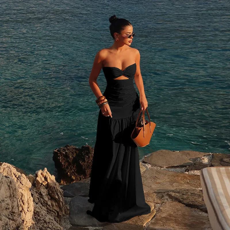 Women's Black Fitted Bust with Waist Cutout Maxi Dress