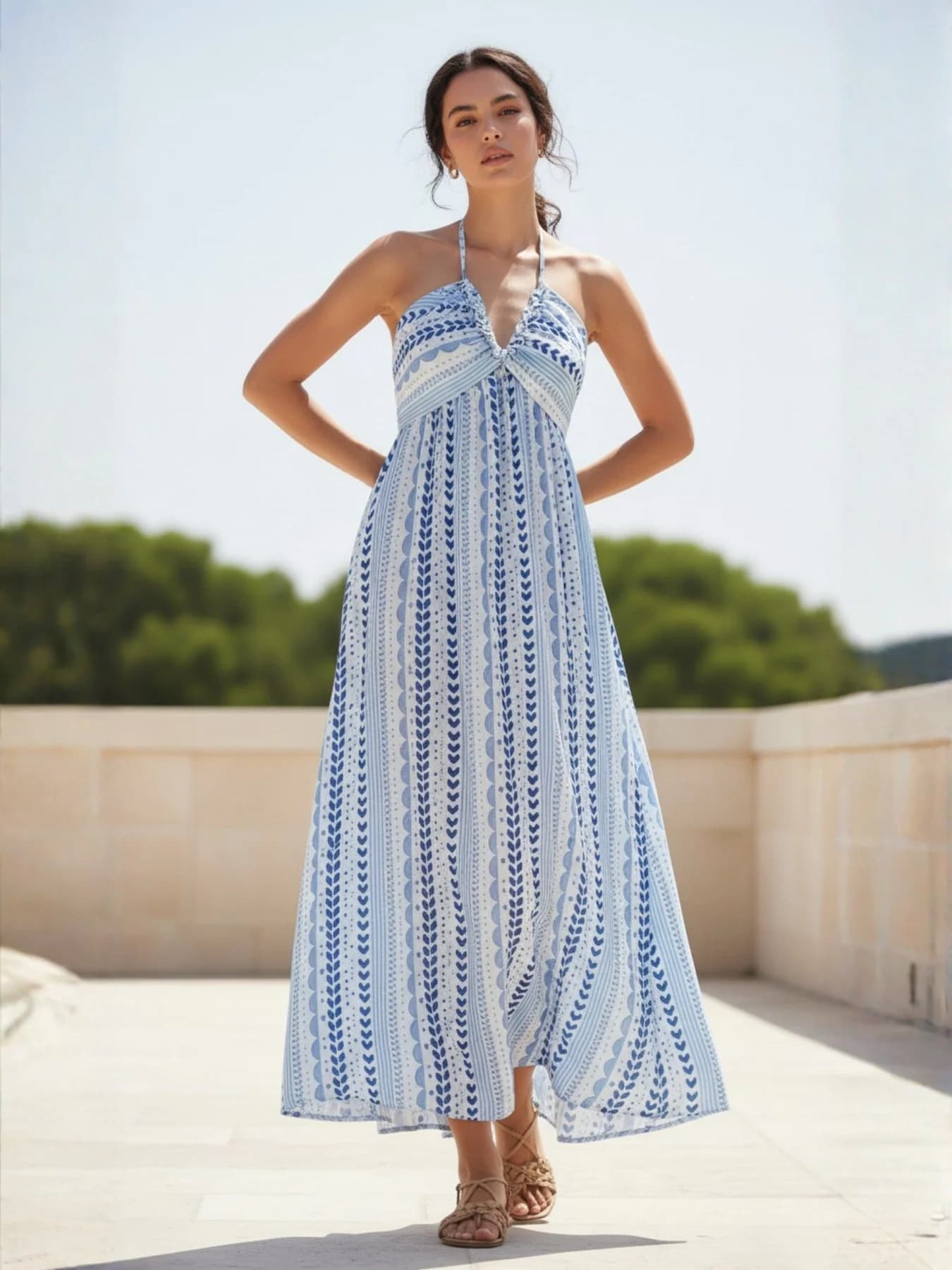 Women's Blue Halter Neck Printed Dress
