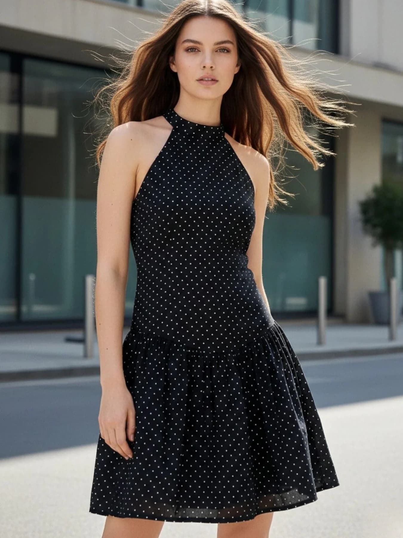 Women's Black Polka-Dot Ruffled Mini Dress