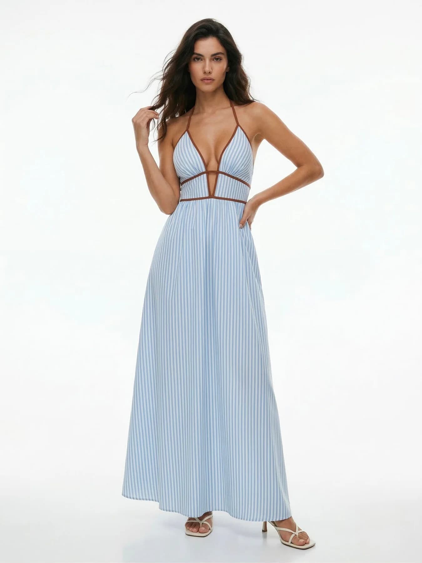 Women's Blue Halter Neck Plunging Neck Striped Dress