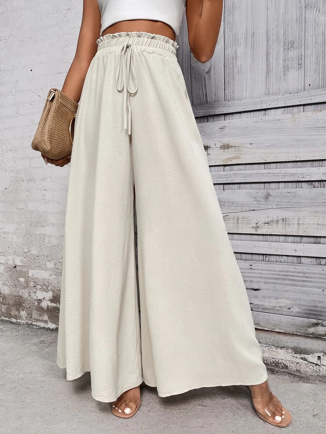 Women's White Casual Wide Leg Trouser
