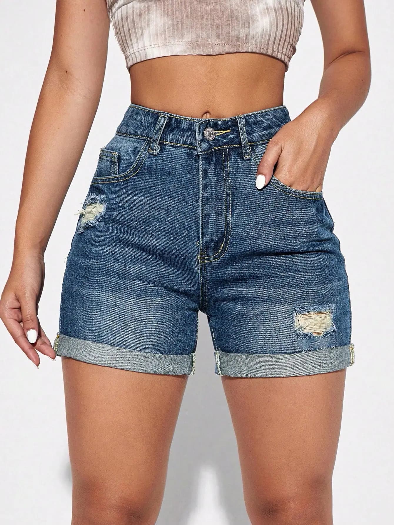 Women's Blue Distressed and Folded Hem Denim Shorts