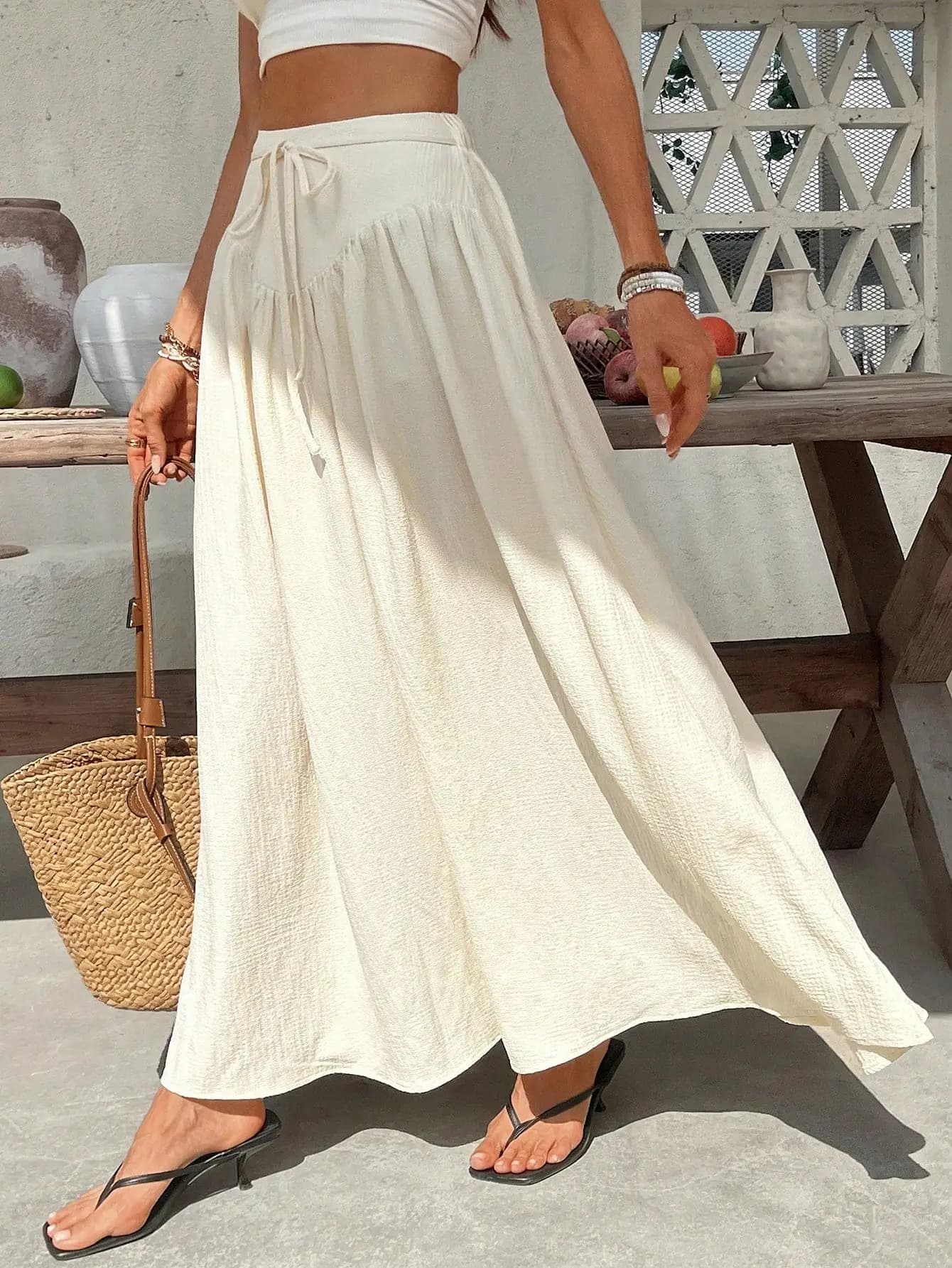 Women's Cream Long High Waisted Flared Skirt
