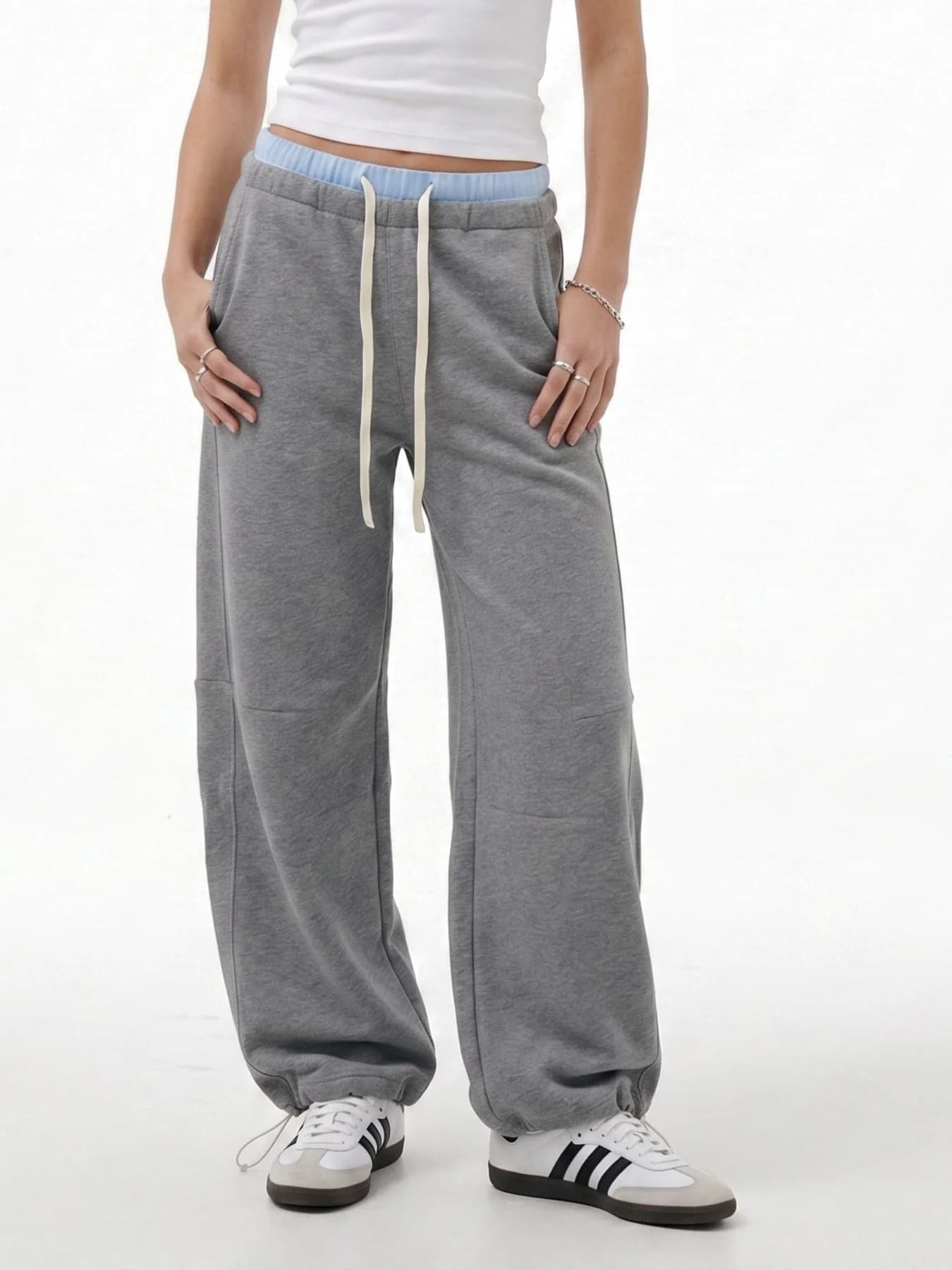 Women's Grey Contrast Waist Wide Leg Jogger