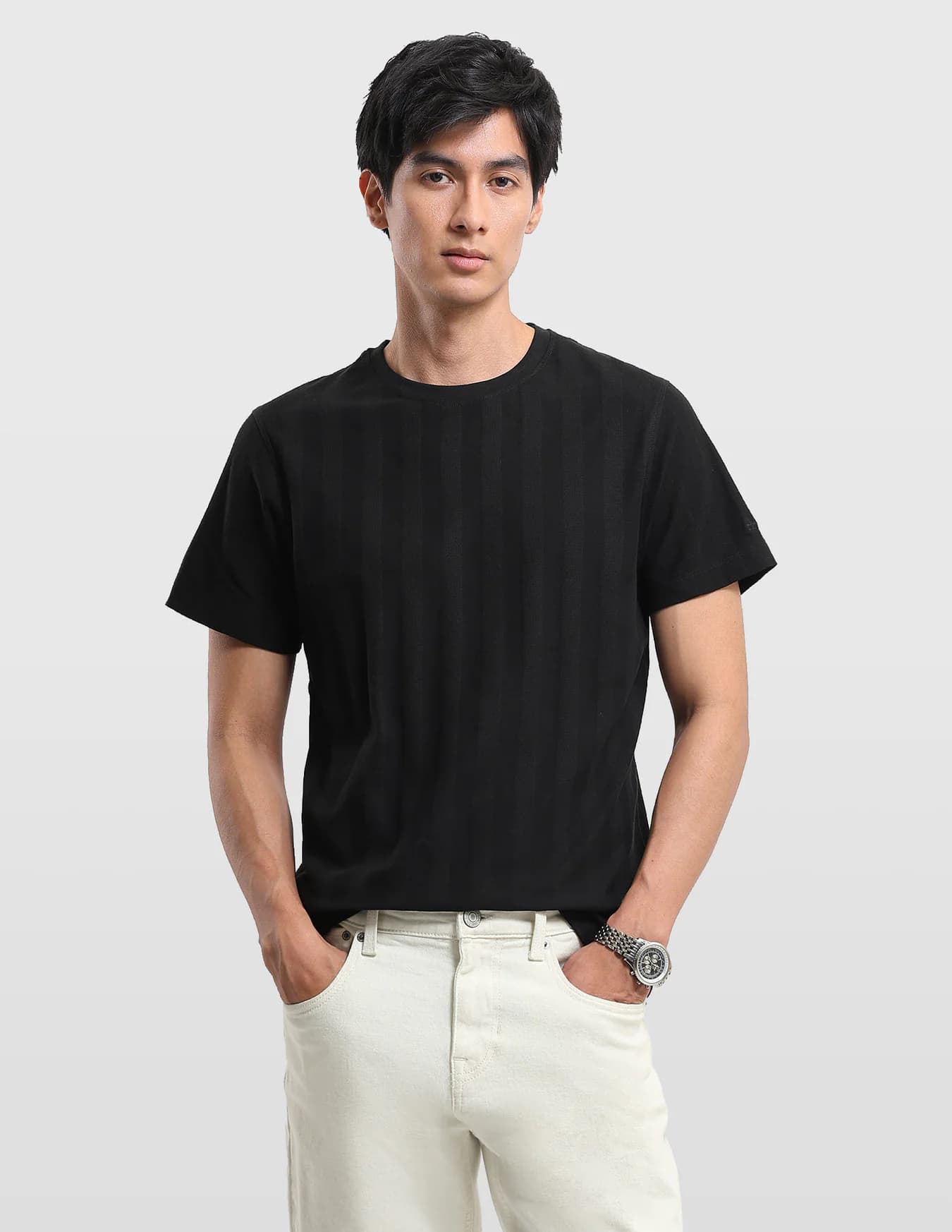 Men's Black Casual Regular Fit Half Sleeves Self-Design Tshirt