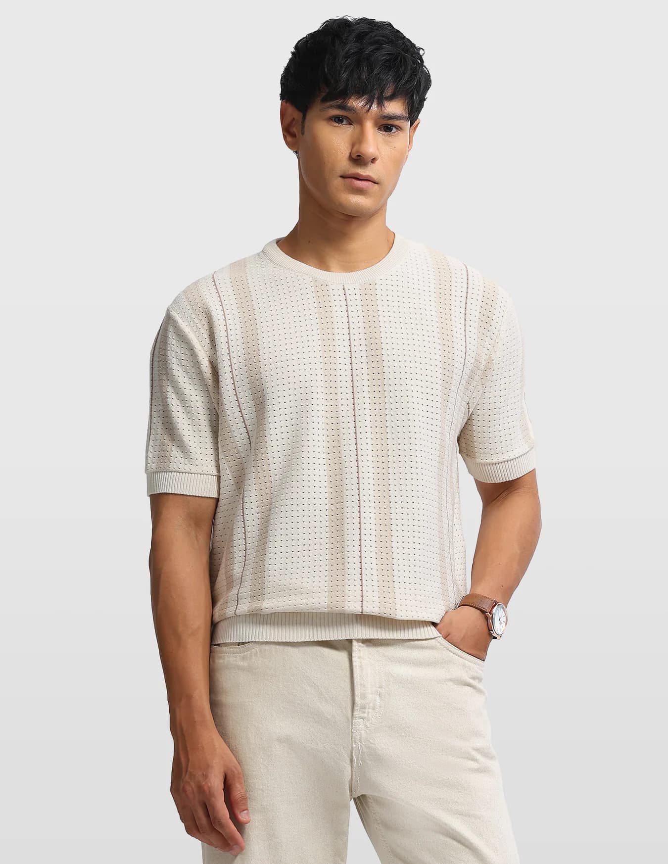 Men's Beige Casual Regular Fit Half Sleeves Tshirt