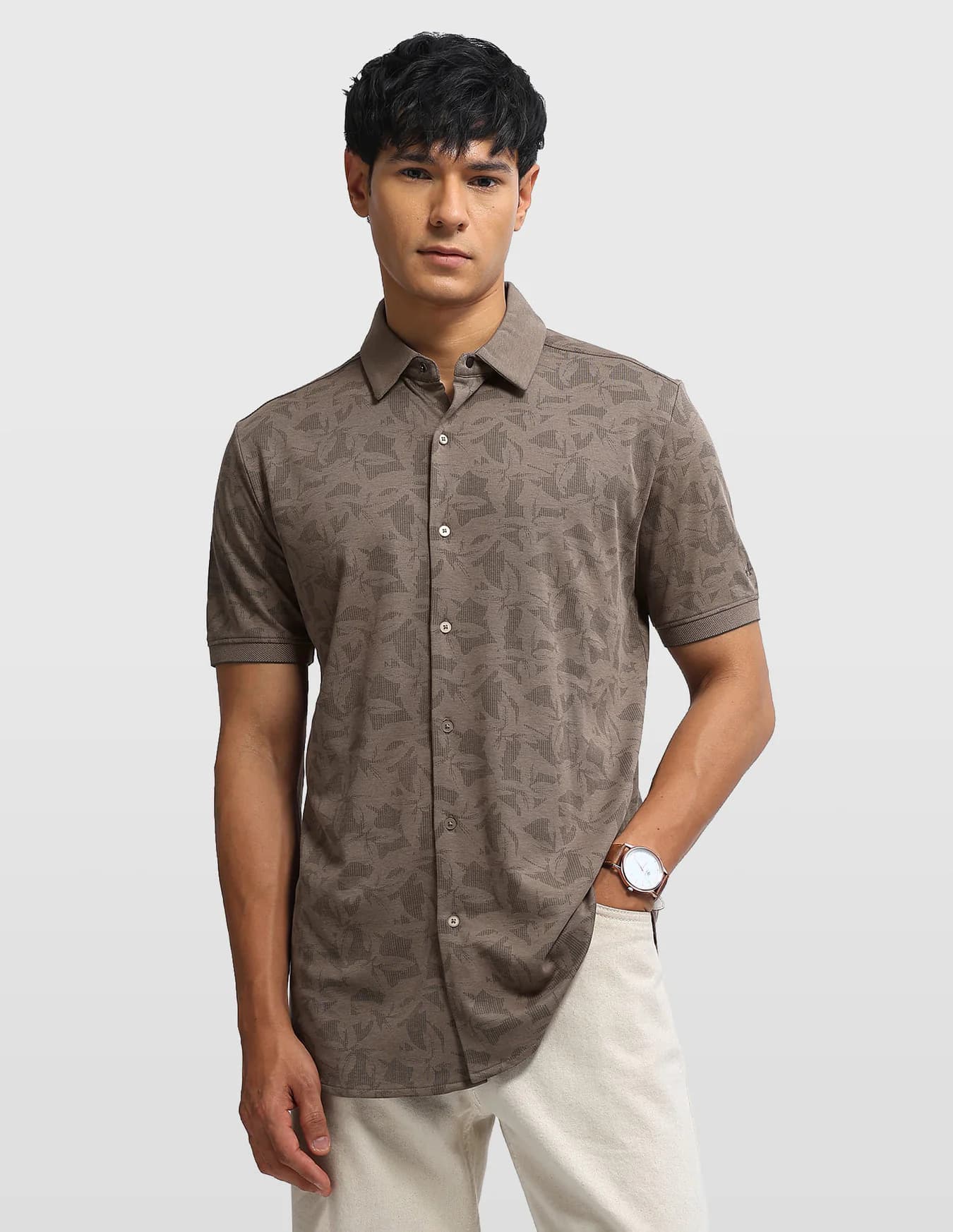 Men's Brown Casual Regular Fit Half Sleeves Printed Shirt