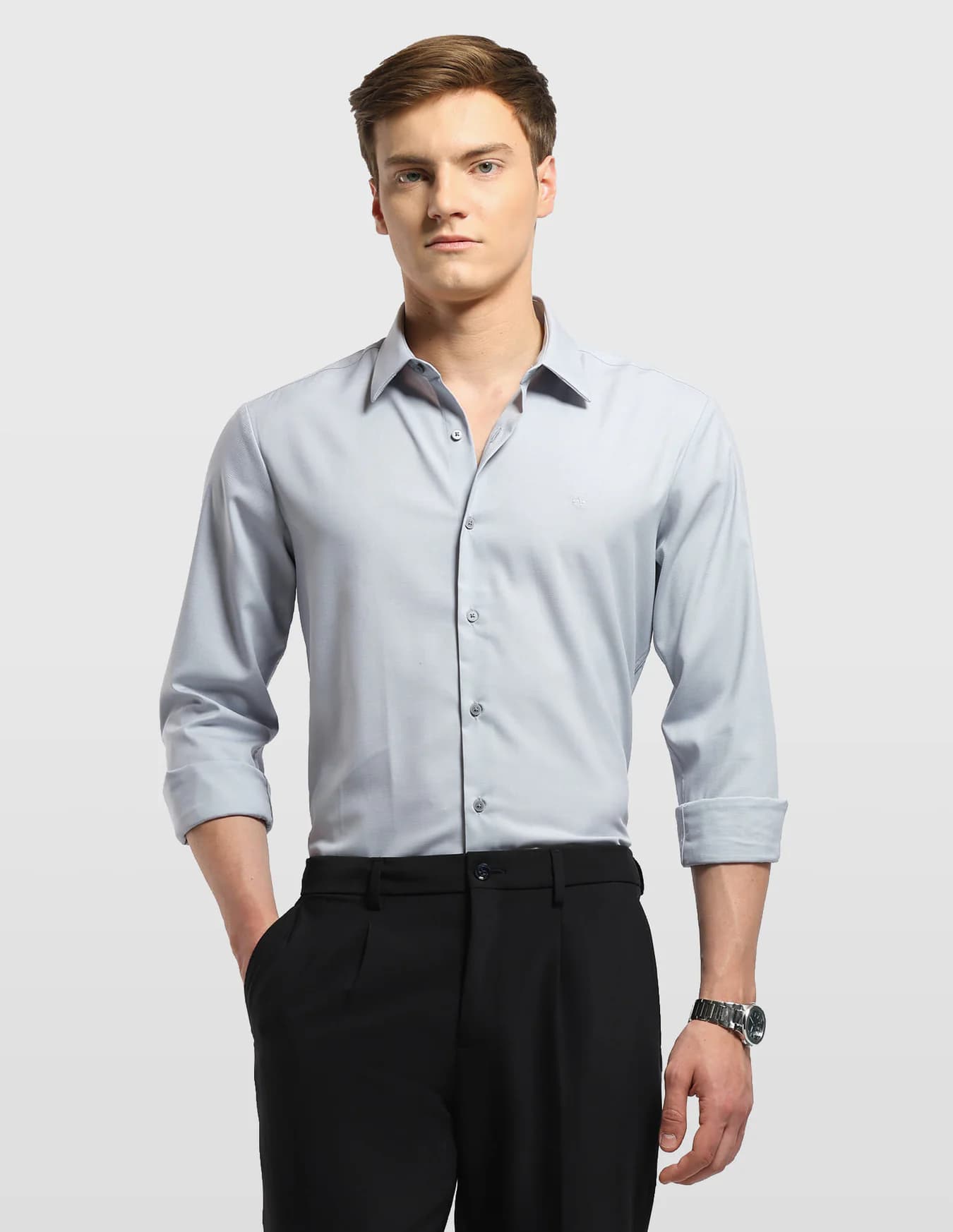 Men's Grey Formal Slim Fit Full Sleeves Solid Shirt