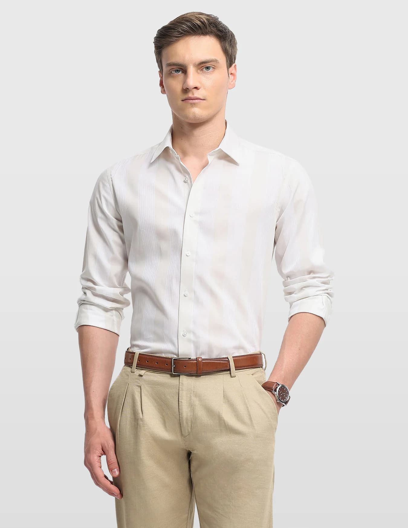 Men's Beige Formal Slim Fit Full Sleeves Striped Shirt