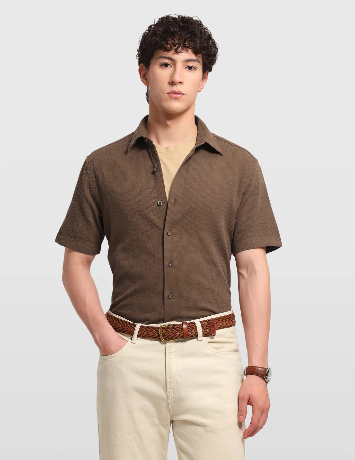 Men's Brown Casual Regular Fit Half Sleeves Self-Design Shirt