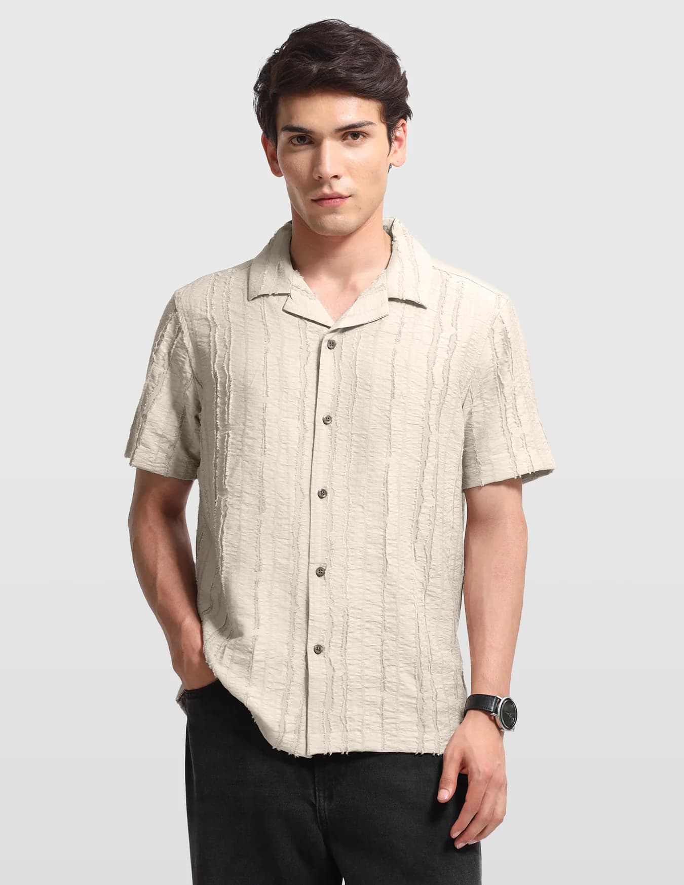 Men's Beige Casual Regular Fit Half Sleeves Textured Shirt