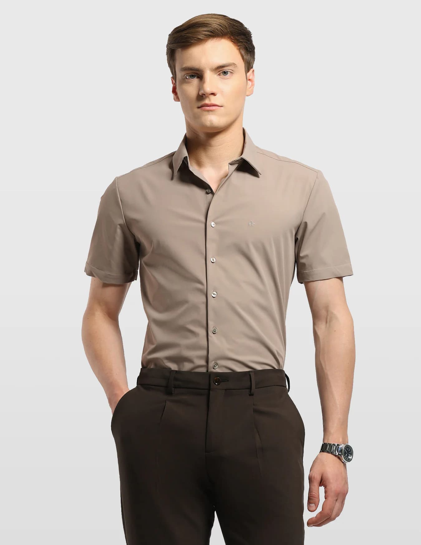 Men's Beige Formal Slim Fit Half Sleeves Solid Twill Shirt