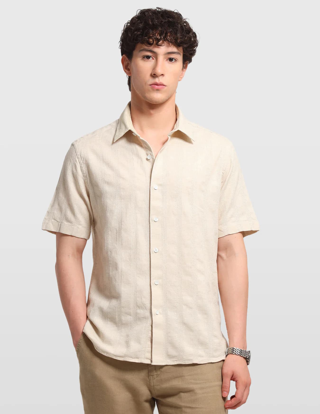 Men's White Casual Regular Fit Half Sleeves Textured Shirt