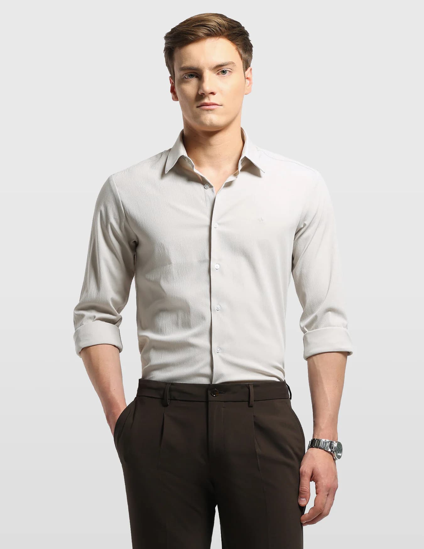 Men's Beige Formal Slim Fit Full Sleeves Self-Design Shirt