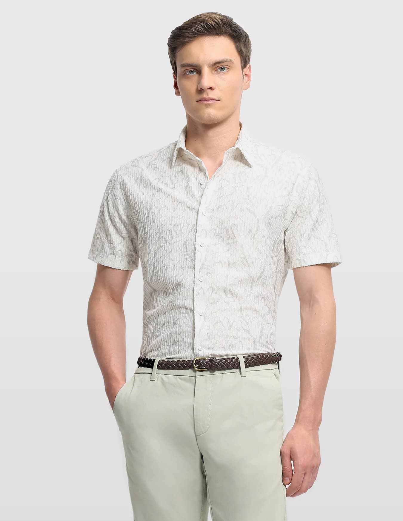 Men's Grey Formal Regular Fit Half Sleeves Textured Shirt
